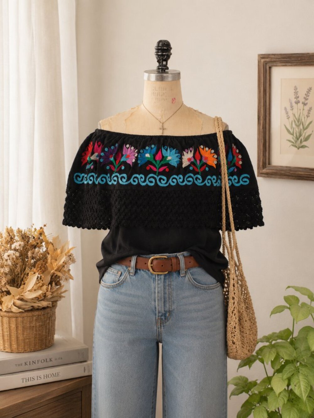 100% Cotton Boho Embroidered Off Shoulder Top | Mexican Peasant Blouse | Floral